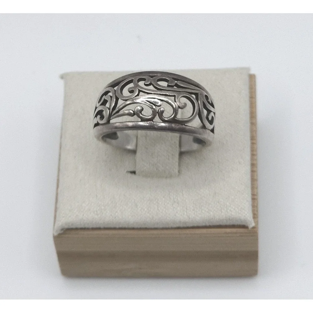 Sterling Silver 925 Domed Filigree Scroll Wide Band Ring Women Size 7.75 Ornate